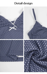 Detail design of blue polka dot camisole showing bow tie, straps and fabric texture