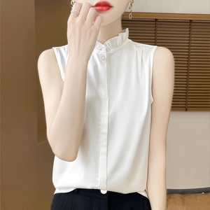 Elegant white ruffle high neck sleeveless silk satin tank top for women inner wear