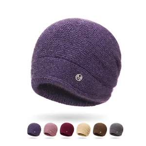 Women Knitted Beanie Hat Double Layer Thickened Winter Warm Windproof Plush Polyester Skull Cap Metal M Letter Decor