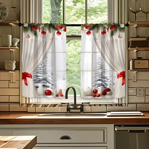 Detail showing Christmas kitchen curtains with 3D snow scene and red bow decorations