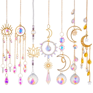 Set of 6 golden crystal suncatchers with lotus moon and evil eye prism pendants