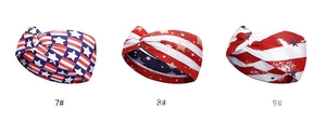 Detailed flat lay of three knotted American flag sport headbands with stars and stripes