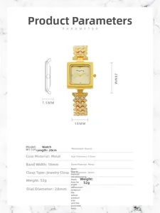 Detailed size chart of the gold quartz watch showing dimensions and technical specifications