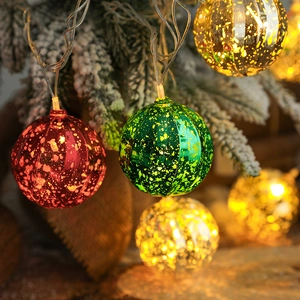 Festive Christmas LED string lights with colorful red green and gold decorative balls
