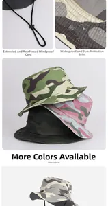 Detail of waterproof camouflage bucket hat with adjustable chin strap and sun brim