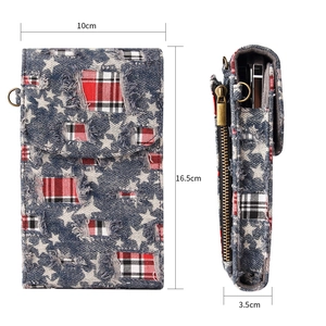 Denim mobile phone bag with star patterns and red patches, dimensions 10x16.5x3.5 cm