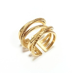 Detailed view of multi-layer gold plated stainless steel ring with textured woven bands