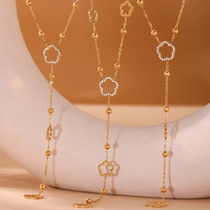 Fashion Stainless Steel Flower Y-Shaped Necklace With Zircon Gold Silver Plated Multi-Layer Layered Beads Tassel Necklace For Women Jewelry