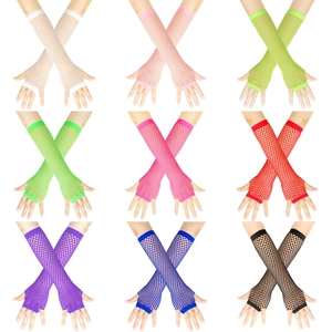 Matrix display of long fishnet gloves in nine vibrant colors made of elastic nylon
