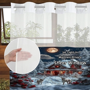 Detail of sheer Christmas waffle shower curtain with deer print and metal rings
