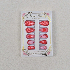 Y2K red heart and cherry press-on nails set almond shape with 24 pieces in box