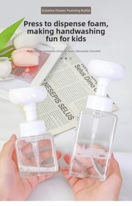 Detail showing flower-shaped foam dispenser pump with clear plastic square bottle