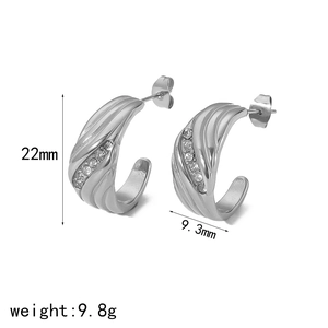 Polished silver C-shaped stainless steel stud earrings with shimmering white cubic zirconia