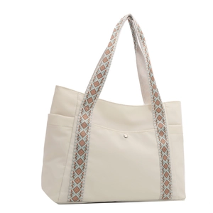 Borsa tote in tela beige con tracolla ricamata etnica e tasca frontale con bottone
