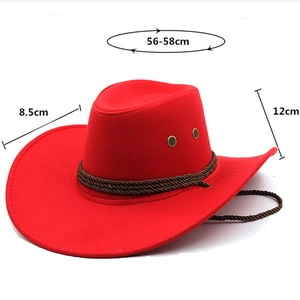 Detail showing dimensions of red wide brim cowboy hat with brown braided strap and 12cm height
