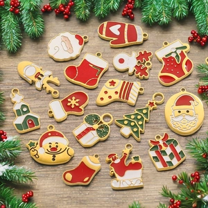 Christmas Charms Pendants Stainless Steel 18K Gold Plated Enamel Cartoon Santa Reindeer DIY Jewelry Making Holiday Decor