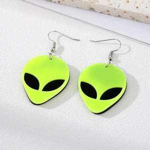 Neon green acrylic alien skull earrings with black eyes and silver metal hooks
