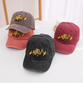 Detail showing various colors of washed cotton baseball caps with excavator embroidery