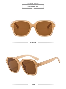 Front and side views of brown square oversized sunglasses with rice nail accents
