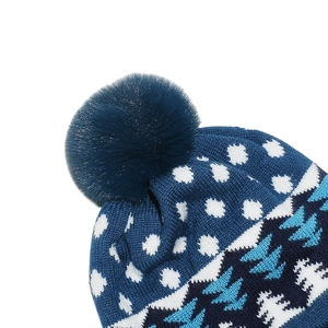 Detailed view of the blue knitted hat featuring pom-pom and winter tree patterns