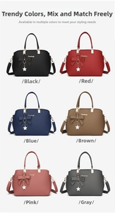Detailed grid display of trendy handbags in black, red, blue, brown, pink, and grey shades