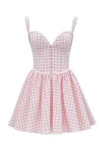 Detail of pink plaid corseted mini dress with lace-up straps and buttoned heart neckline