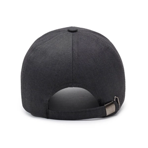 Rear view of dark grey men's baseball cap featuring adjustable metal buckle strap