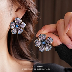 Flower Earrings With Silver Earring Post Alloy Rhinestone Vintage Palace Style Luxury Elegant Decorative Jewelry For Women