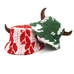 Funny Christmas plush bucket hat with ox horns, colorful fuzzy faux fur winter hat