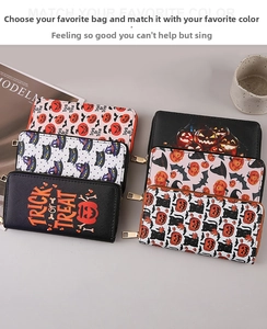 Detailed collection of Halloween PU leather wallets featuring pumpkin and bat patterns