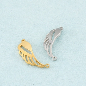 Polished hollow angel wing necklaces in gold and silver finish on a blue textured surface