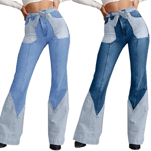 Women High Waist Patchwork Flare Jeans Stretch Denim Pants Cotton Rayon Polyester Spandex With Tie Belt