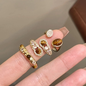 18K gold plated vintage open ring featuring tiger eye stone and cubic zirconia accents