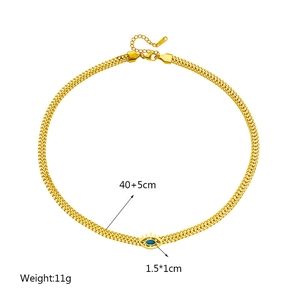 Golden titanium steel chain necklace with blue evil eye pendant 40+5cm length
