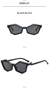 Close-up of black rectangular geometric polygon sunglasses from front and 45-degree angles