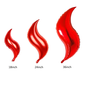 Three red wavy flame foil balloons in 18, 24, and 36 inch sizes for party decoration