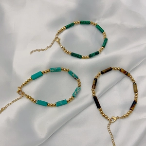 Bohemian handmade natural stone tube bead bracelets with stainless steel gold accents