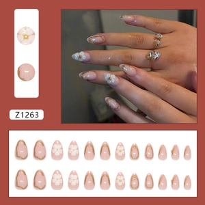 Stereo 3D flower almond press-on nails with gold glitter and 24-piece pink nail art kit