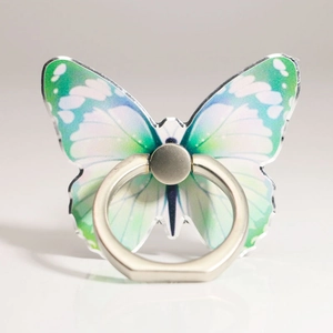 Detail of butterfly-shaped acrylic phone ring holder with green and purple gradient wing patterns