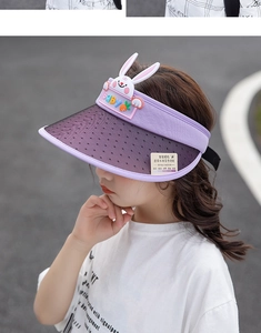 Detail of kids UV-sensitive color-changing sun hat with 3D bunny and BABY logo
