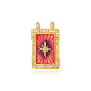 Vintage rectangular gold starburst pendant with purple enamel and zircon accents