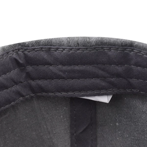 Detailed interior of dark gray washed cotton baseball cap showing black sweatband and stitching