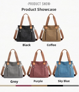 Detail view of canvas tote bags in five colors with adjustable shoulder straps