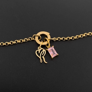 14K gold plated titanium steel bracelet with heart letter R and pink crystal charm