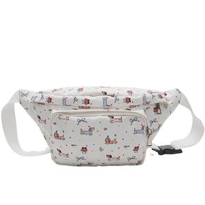 Detail of white cartoon waist bag with colorful dachshund prints and dual zipper pockets
