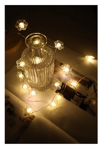 Detail of warm glow snowflake LED fairy lights wrapped around a glass bottle