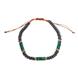 Handmade hematite and turquoise beaded bracelet with adjustable brown cord for men
