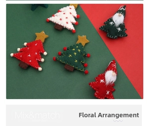 Detail view of handmade wool felt Christmas tree and gnome ornaments for DIY crafts