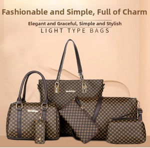 Detailed 5-piece set of printed brown tote bags and purses with gold hardware