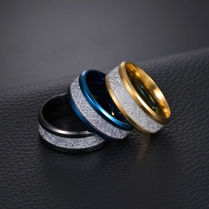 Titanium steel rings with beveled edges and ice silk foil inlay in black, blue and gold